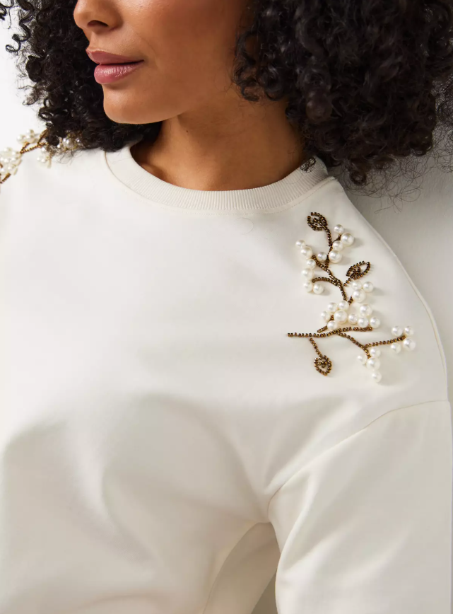 Cream Pearl Embellished Boxy T-Shirt